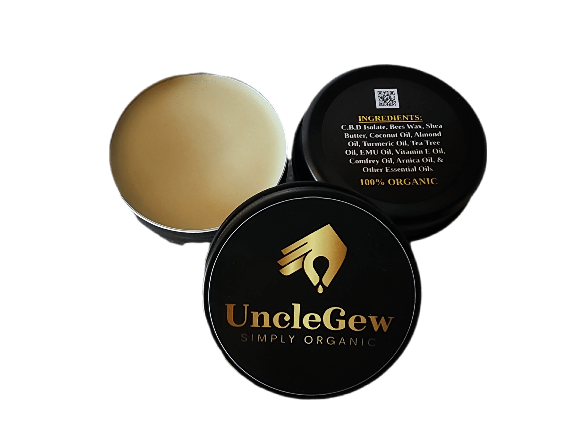 A portable tin of UncleGew Salve filled with creamy, rich salve, surrounded by botanical ingredients such as calendula flowers, arnica, almond kernels, and jojoba seeds. The natural, earthy aesthetic highlights its grass-fed beef tallow base and all-natural formulation, perfect for soothing dry skin and minor aches.